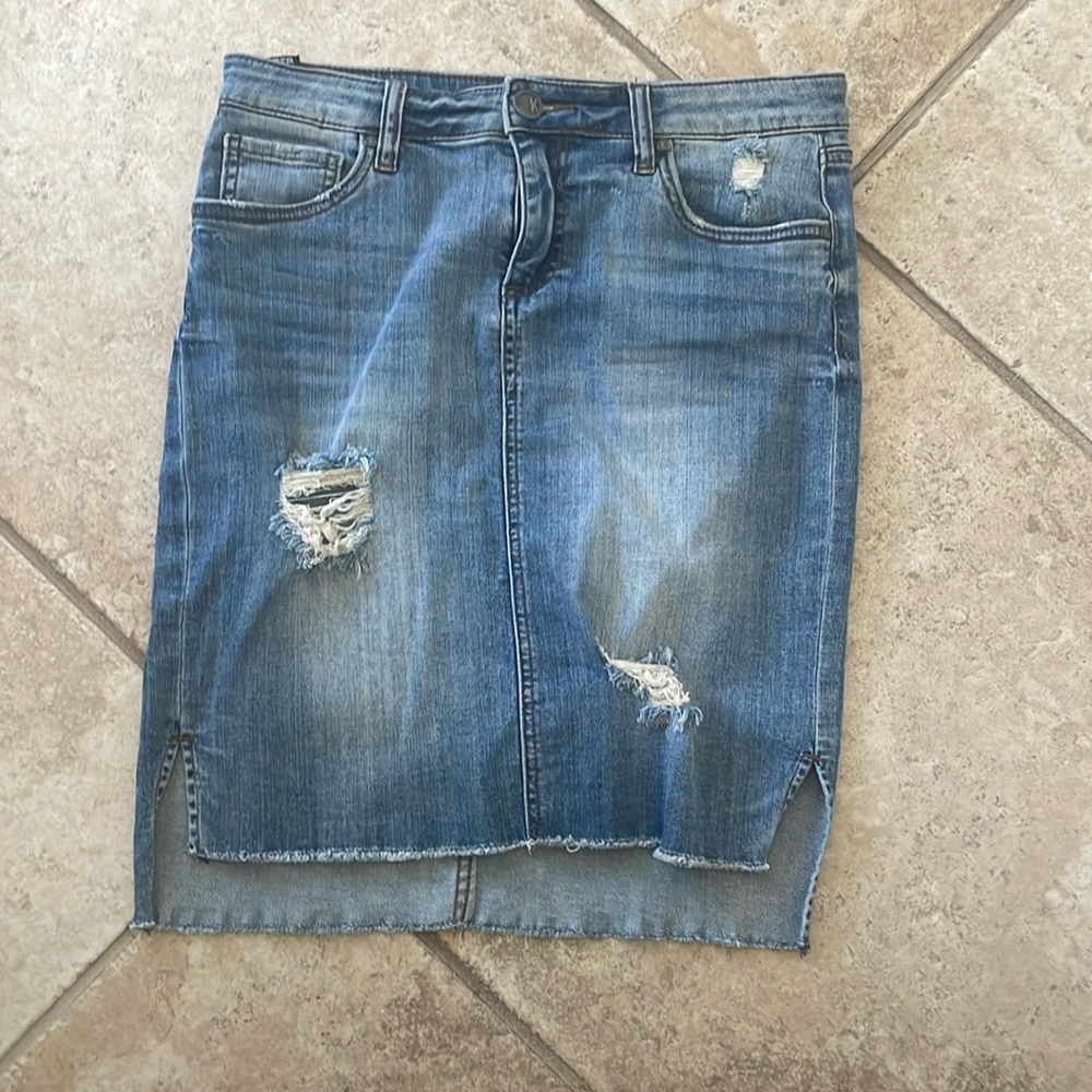 Kut from the Kloth Distressed Blue Denim Pencil Skirt